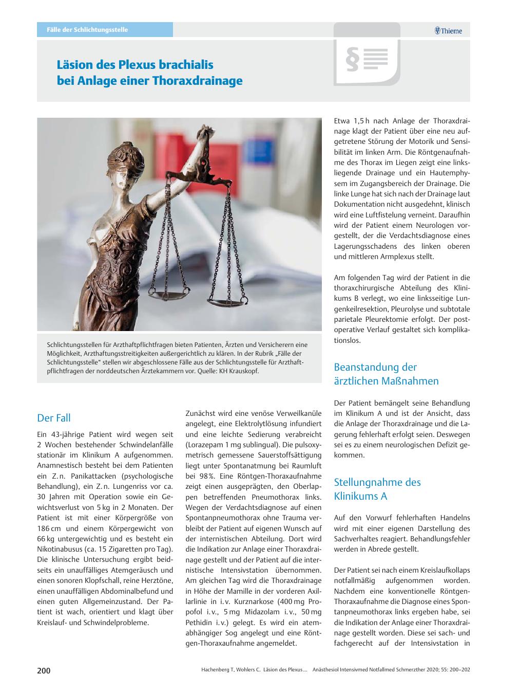 Vorschauseite 1: Läsion des Plexus brachialis bei Anlage einer Thoraxdrainage