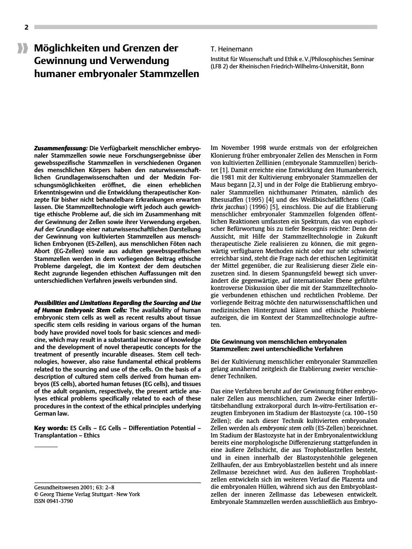 Vorschauseite 1: Möglichkeiten und Grenzen der Gewinnung und Verwendung humaner embryonaler Stammzellen