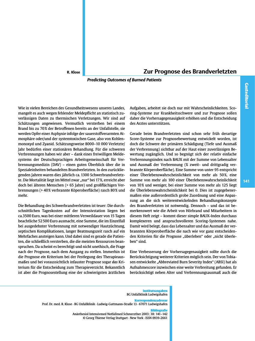 Vorschauseite 1: Zur Prognose des Brandverletzten