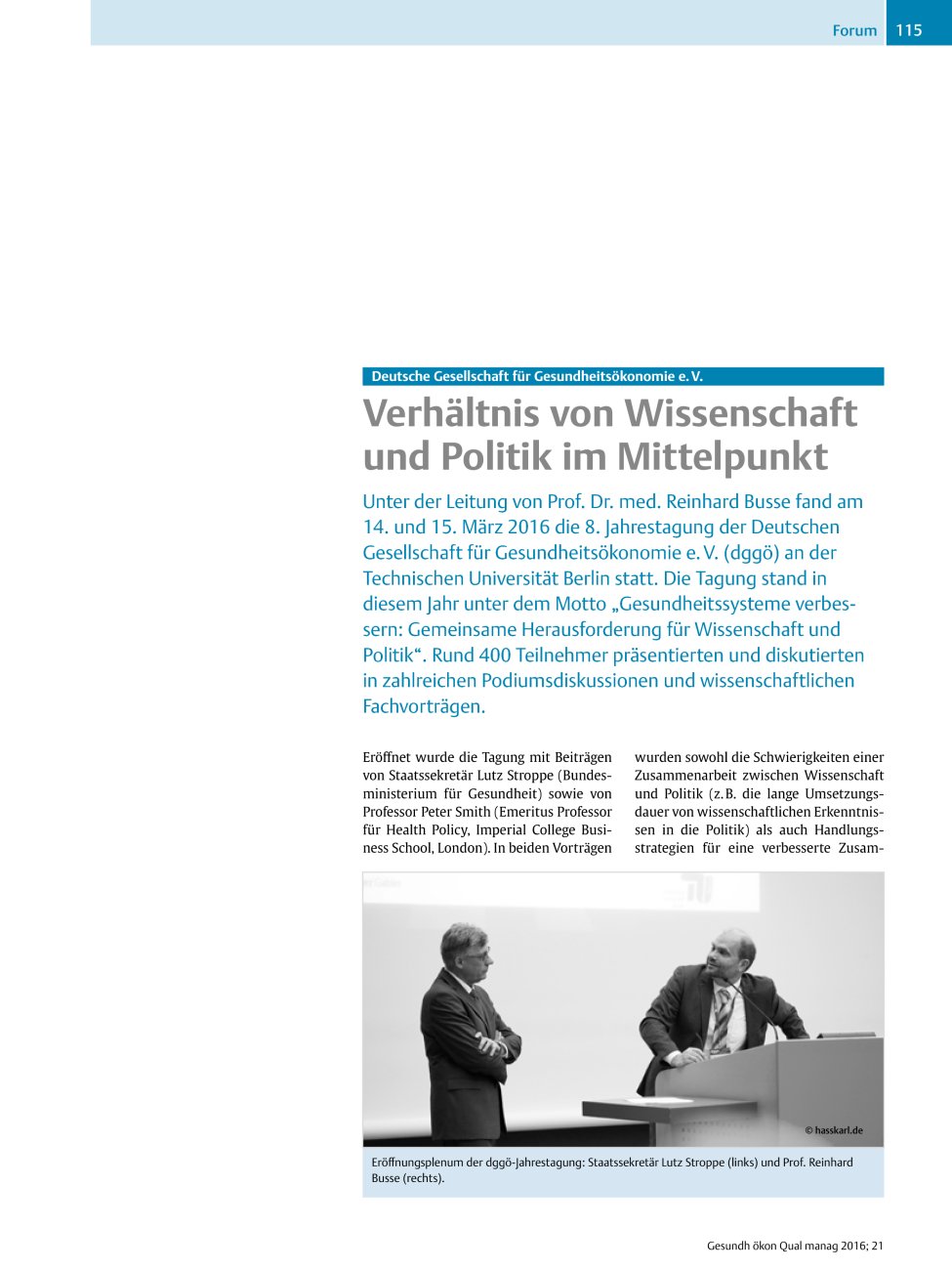 Vorschauseite 1: Deutsche Gesellschaft für Gesundheitsökonomie e.?V. ? Verhältnis von Wissenschaft und Politik im Mittelpunkt