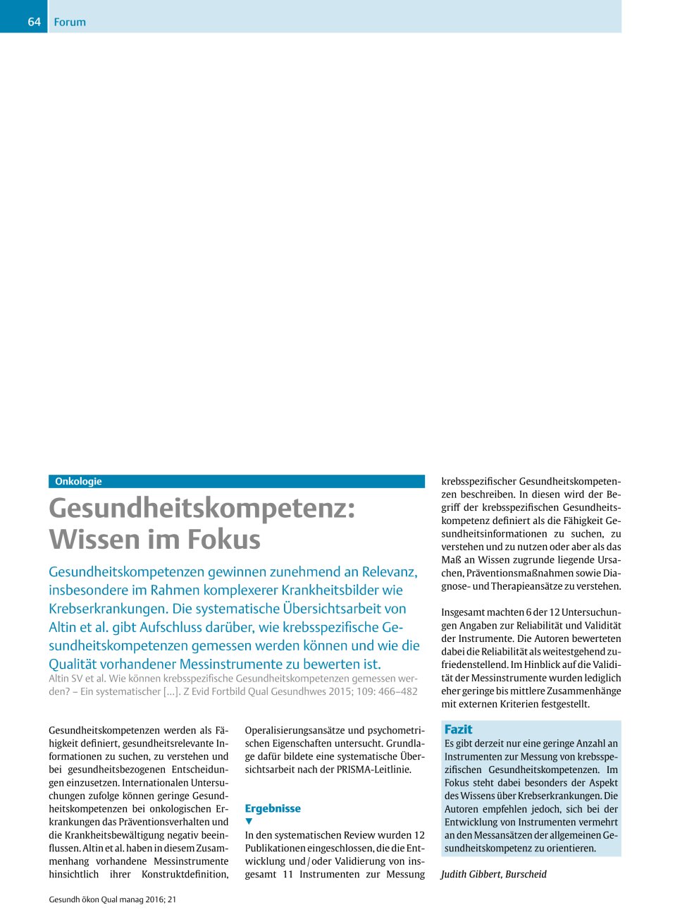 Vorschauseite 1: Onkologie ? Gesundheitskompetenz: Wissen im Fokus