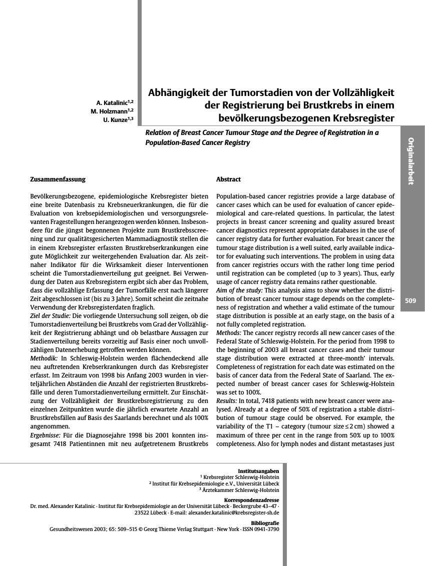 Vorschauseite 1: Abhängigkeit der Tumorstadien von der Vollzähligkeit der Registrierung bei Brustkrebs in einem bevölkerungsbezogenen Krebsregister