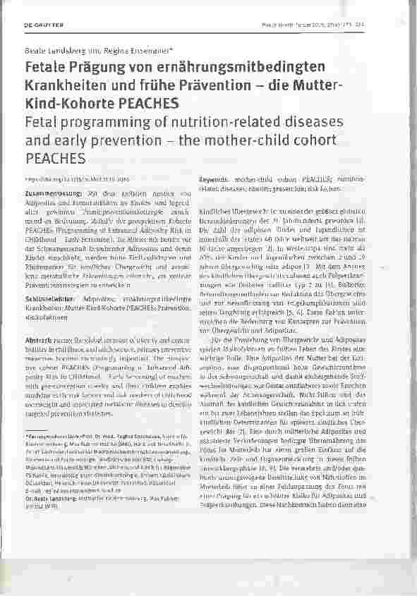 Vorschauseite 1: Fetale Prägung von ernährungsmitbedingten Krankheiten und frühe Prävention - die Mutter-Kind-Kohorte PEACHES