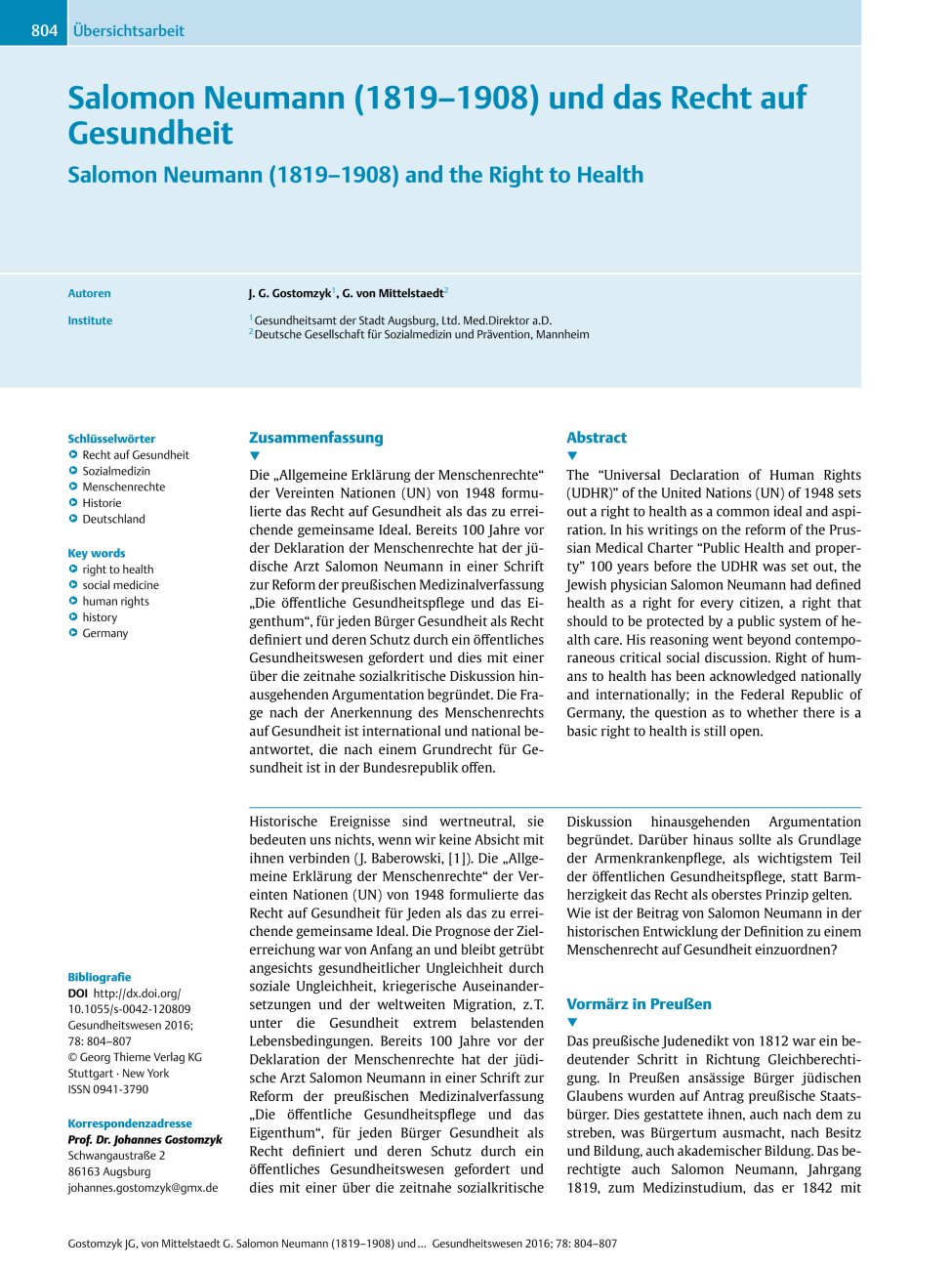 Vorschauseite 1: Salomon Neumann (1819? 1908) und das Recht auf Gesundheit