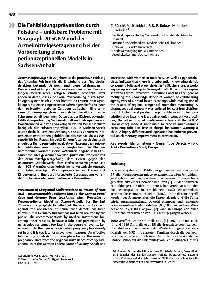 Vorschauseite 1: Die Fehlbildungsprävention durch Folsäure - unlösbare Probleme mit Paragraph 20 SGB V und der Arzneimittelgesetzgebung bei der Vorbereitung eines perikonzeptionellen Modells in Sa…