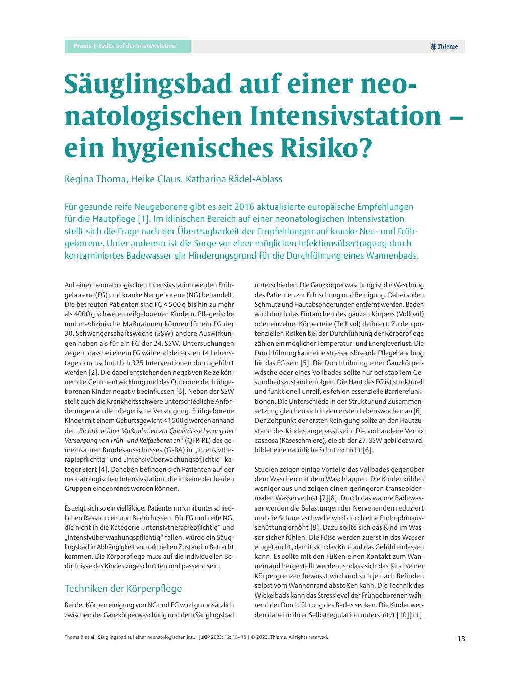 Vorschauseite 1: Säuglingsbad auf einer neonatologischen Intensivstation – ein hygienisches Risiko?
