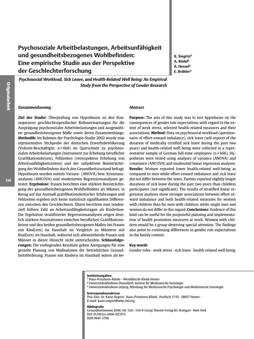 Vorschauseite 1: Psychosoziale Arbeitbelastungen, Arbeitsunfähigkeit und gesundheitsbezogenes Wohlbefinden: Eine empirische Studie aus der Perspektive der Geschlechterforschung