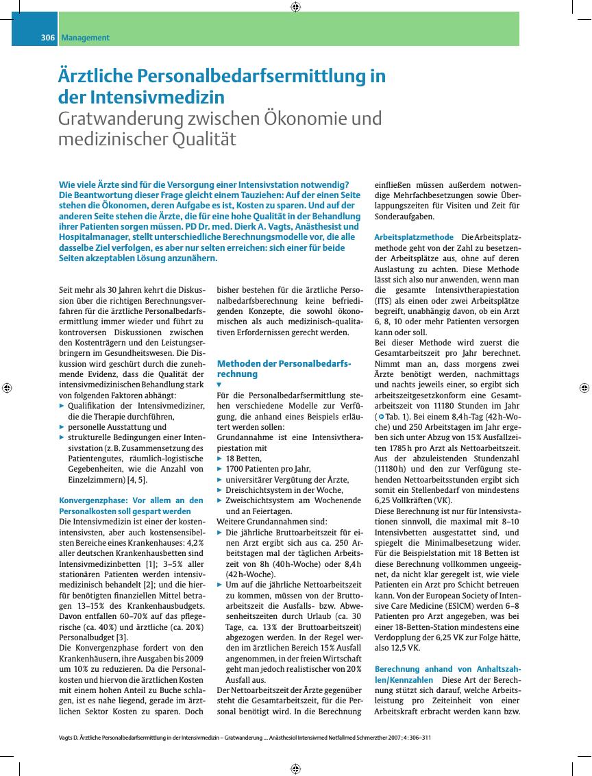 Vorschauseite 1: Ärztliche Personalbedarfsermittlung in der Intensivmedizin - Gratwanderung zwischen Ökonomie und medizinischer Qualität