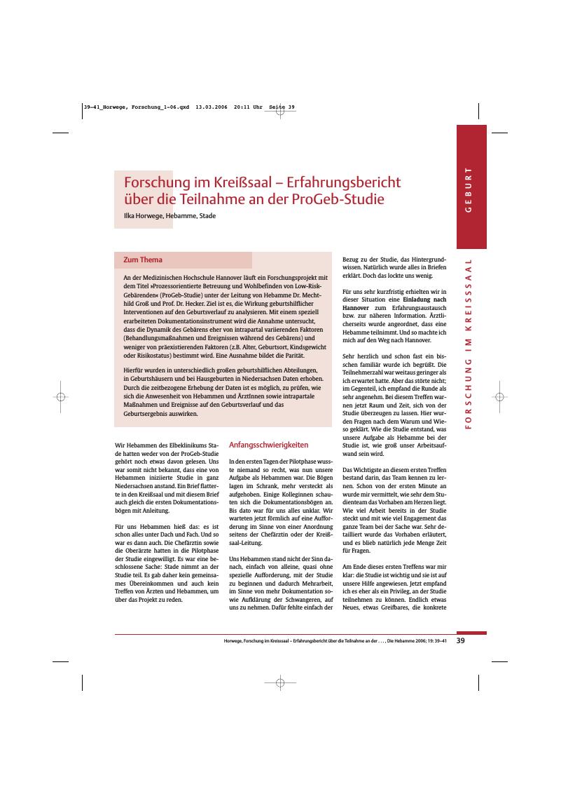 Vorschauseite 1: Forschung im Kreißsaal - Erfahrungsbericht über die Teilnahme an der ProGeb-Studie