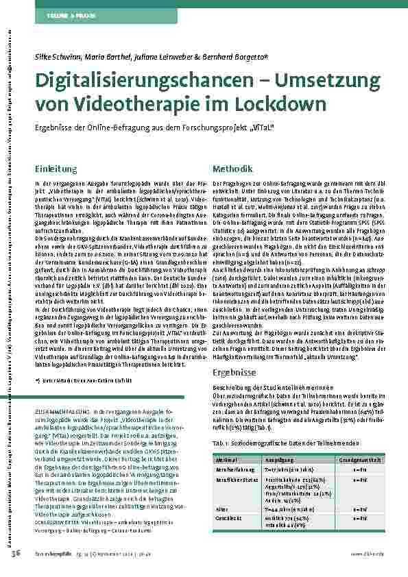 Vorschauseite 1: Digitalisierungschancen – Umsetzung von Videotherapie im Lockdown: Ergebnisse der Online-Befragung aus dem Forschungsprojekt „ViTaL”