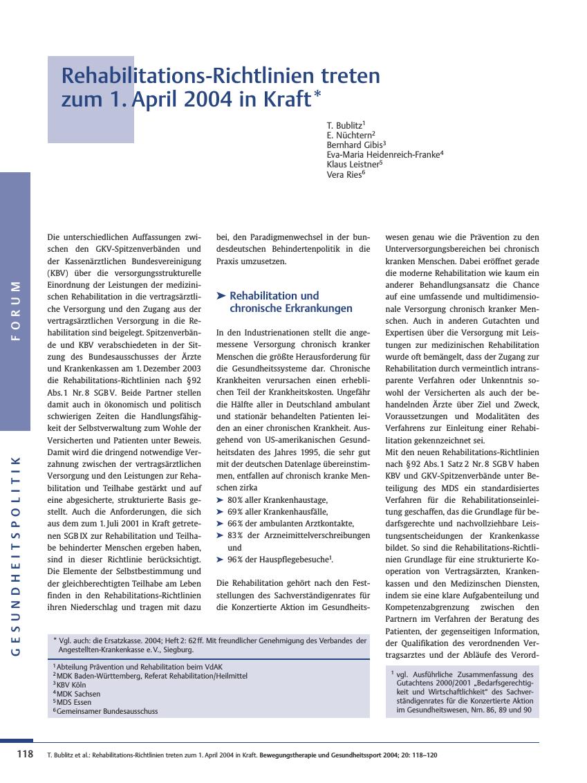 Vorschauseite 1: Rehabilitations-Richtlinien treten zum 1. April 2004 in Kraft