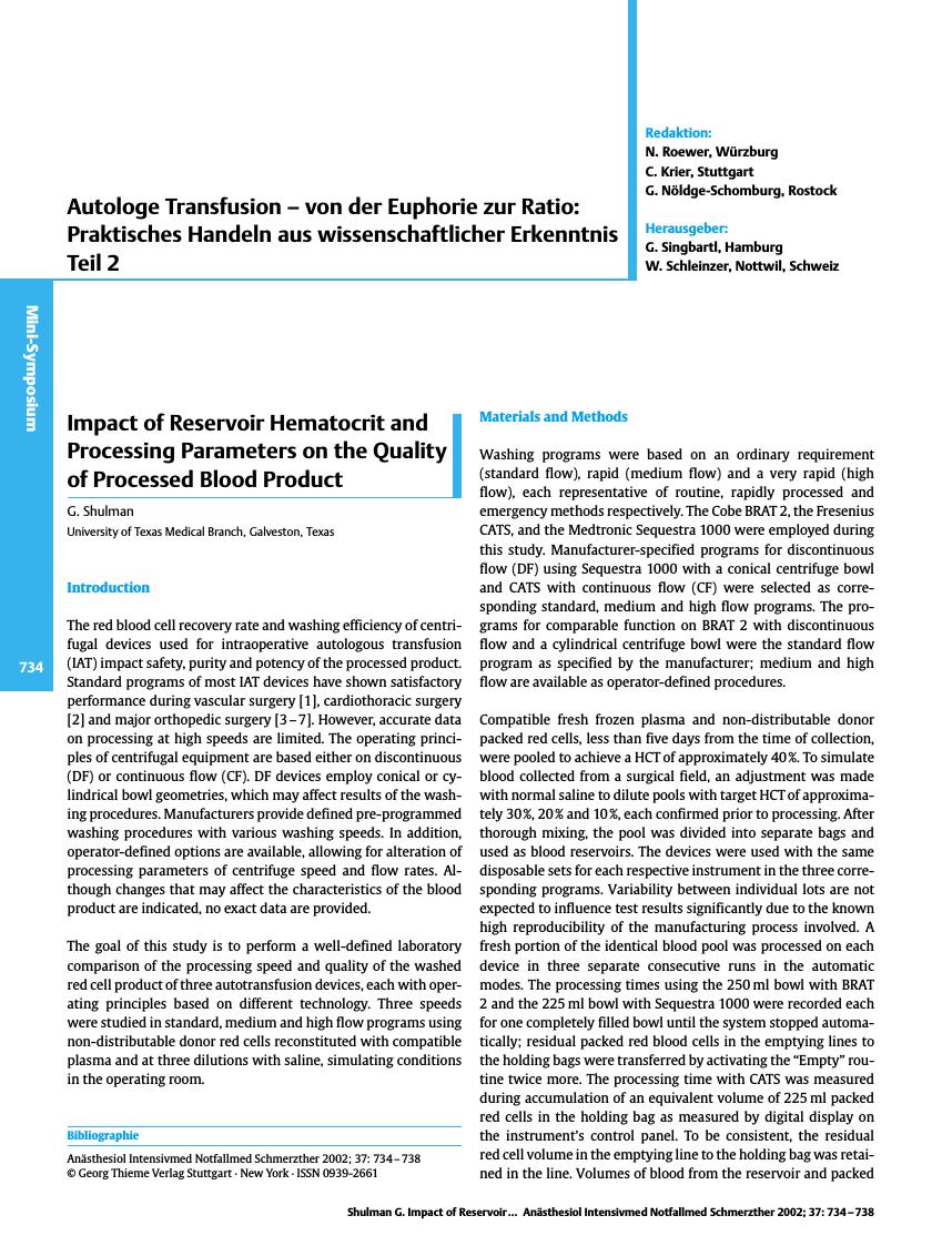 Vorschauseite 1: Impact of Reservoir Hematocrit and Processing Parameters on the Quality of Processed Blood Product