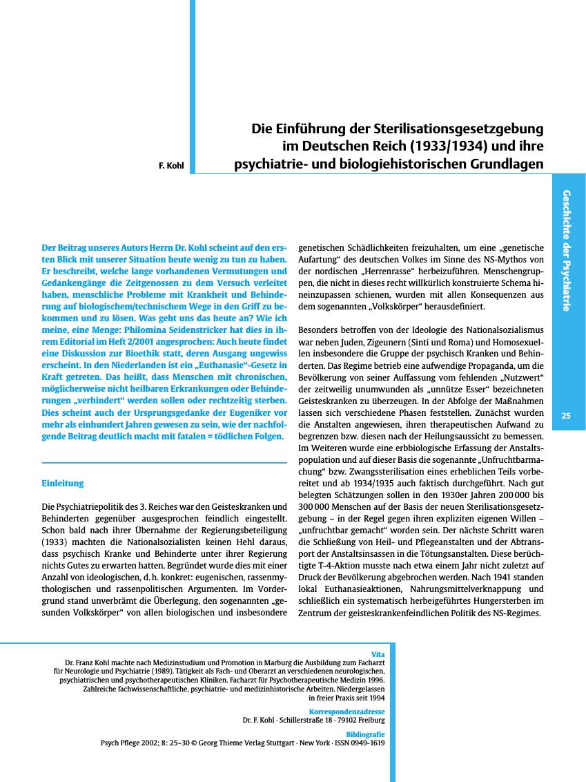 Vorschauseite 1: Die Einführung der Sterilisationsgesetzgebung im Deutschen Reich (1933/1934) und ihre psychiatrieund biologiehistorischen Grundlagen