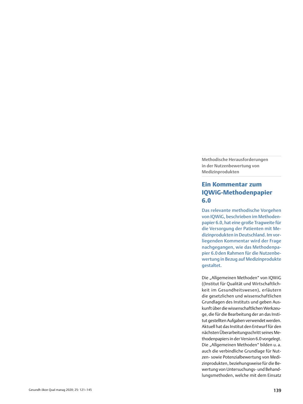 Vorschauseite 1: Methodische Herausforderungen in der Nutzenbewertung von Medizinprodukten – Ein Kommentar zum IQWiG-Methodenpapier 6. 0