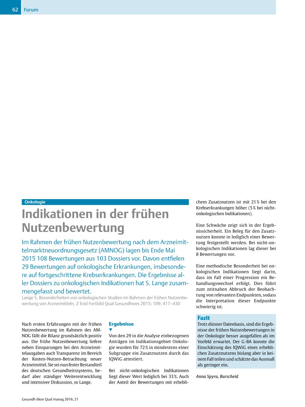 Vorschauseite 1: Onkologie – Indikationen in der frühen Nutzenbewertung