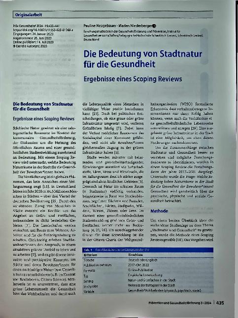 Vorschauseite 1: Die Bedeutung von Stadtnatur für die Gesundheit: Ergebnisse eines Scoping Reviews