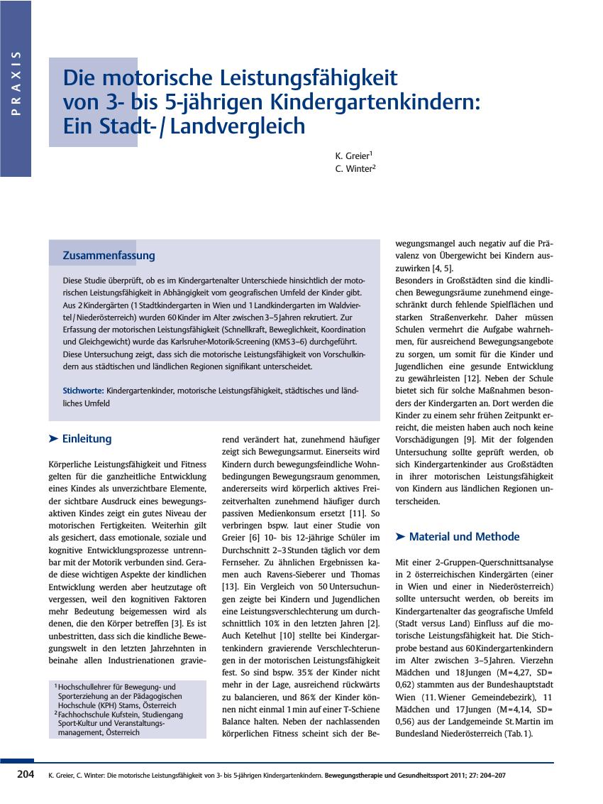 Vorschauseite 1: Die motorische Leistungsfähigkeit von 3- bis 5-jährigen Kindergartenkindern: Ein Stadt- / Landvergleich