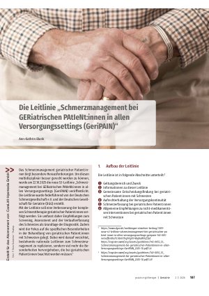 Vorschauseite 1: Die Leitlinie „Schmerzmanagement bei GERiatrischen PAtIeNt: innen in allen Versorgungssettings (GeriPAIN)“
