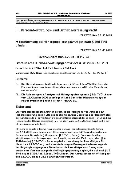 Vorschauseite 1: III. Personalvertretungsund Betriebsverfassungsrecht Mitbestimmung bei Höhergruppierungsanträgen nach § 29d TVÜ-Länder
