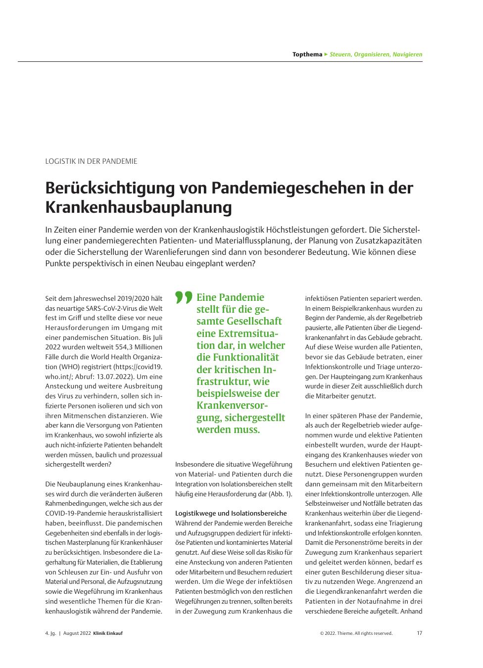 Vorschauseite 1: Logistik in der Pandemie: Berücksichtigung von Pandemiegeschehen in der Krankenhausbauplanung