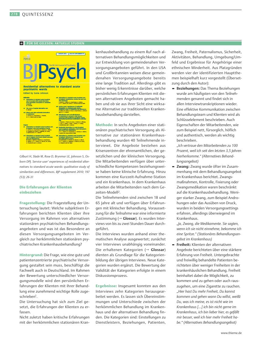 Vorschauseite 1: Service user’ experiences of residential alternatives to standard acute wards: qualitative study of similarities and differences