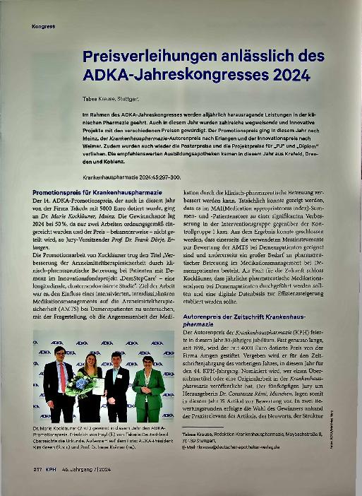 Vorschauseite 1: Preisverleihungen anlässlich des ADKA-Jahreskongresses 2024