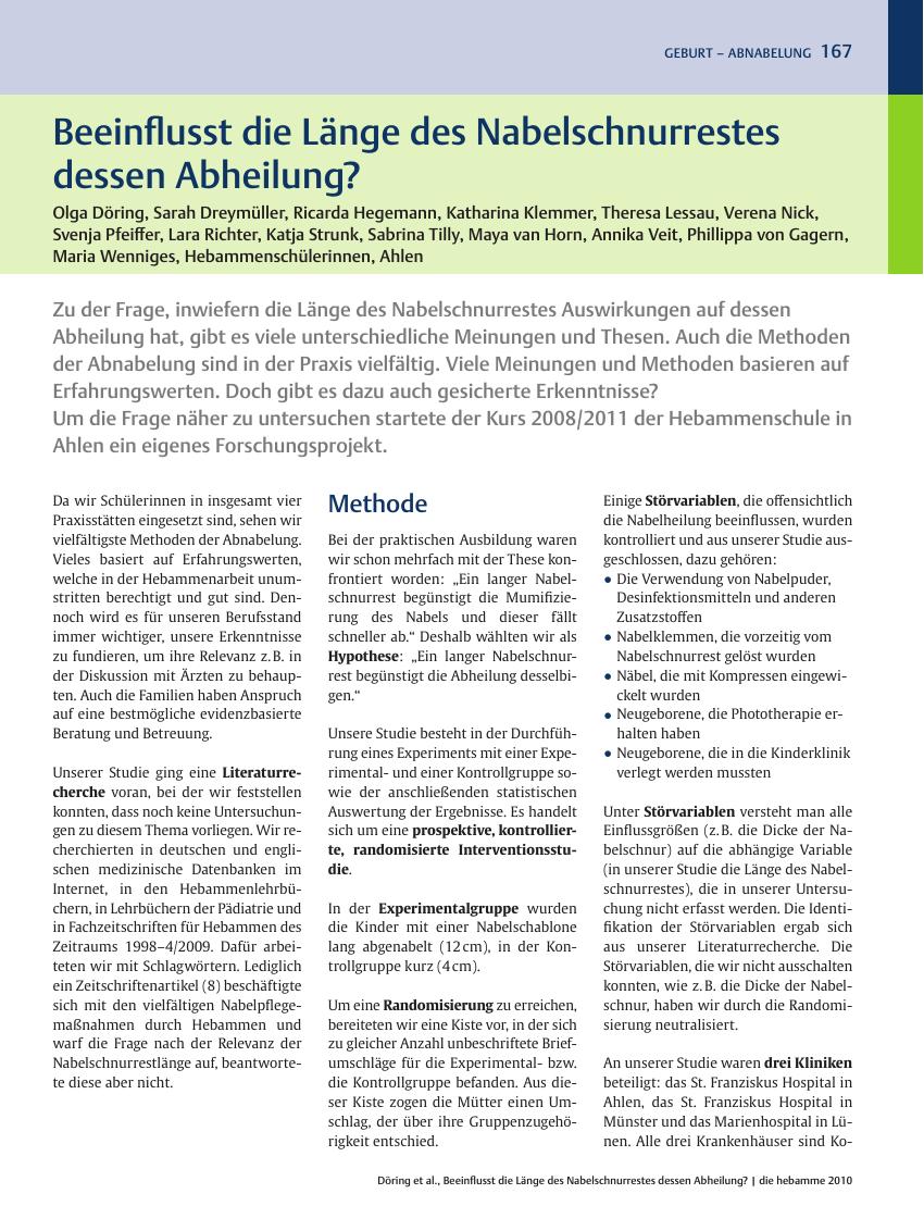 Vorschauseite 1: Beeinflusst die Länge des Nabelschnurrestes dessen Abheilung?