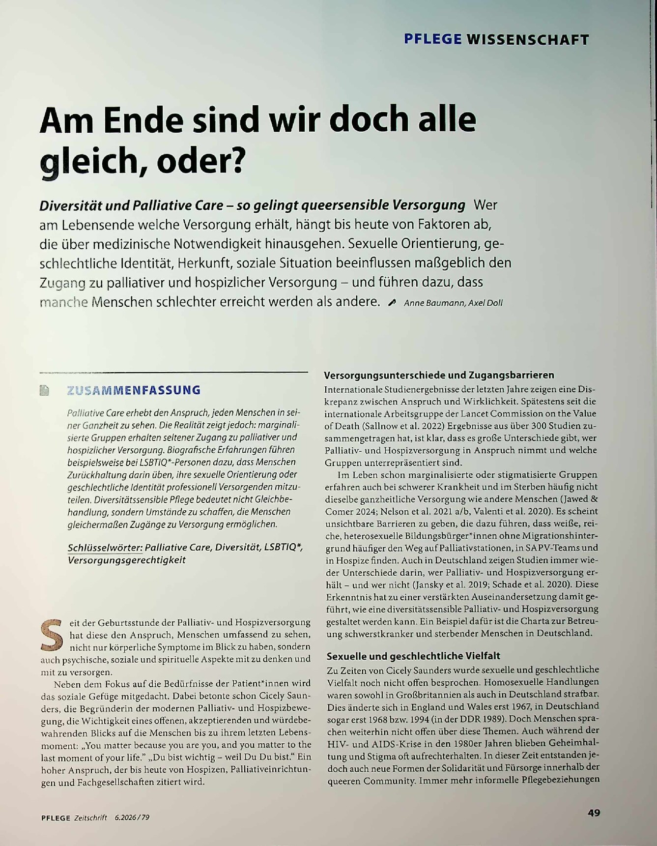 Vorschauseite 1: Am Ende sind wir doch alle gleich, oder? Diversität und Palliative Care – so gelingt queersensible Versorgung