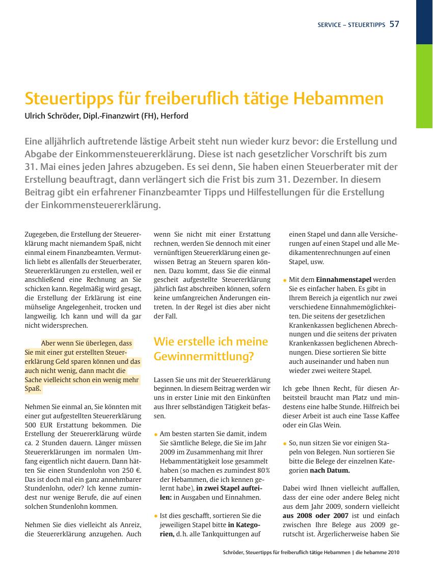 Vorschauseite 1: Steuertipps für freiberuflich tätige Hebammen