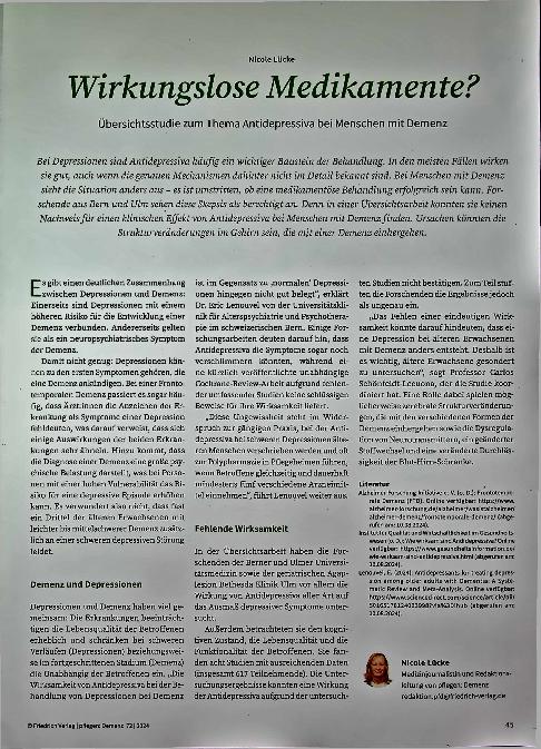 Vorschauseite 1: Wirkungslose Medikamente? Übersichtsstudie zum Thema Antidepressiva bei Menschen mit Demenz
