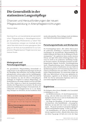 Vorschauseite 1: Die Generalistik in der stationären Langzeitpflege Chancen und Herausforderungen der neuen Pflegeausbildung in Altenpflegeeinrichtungen