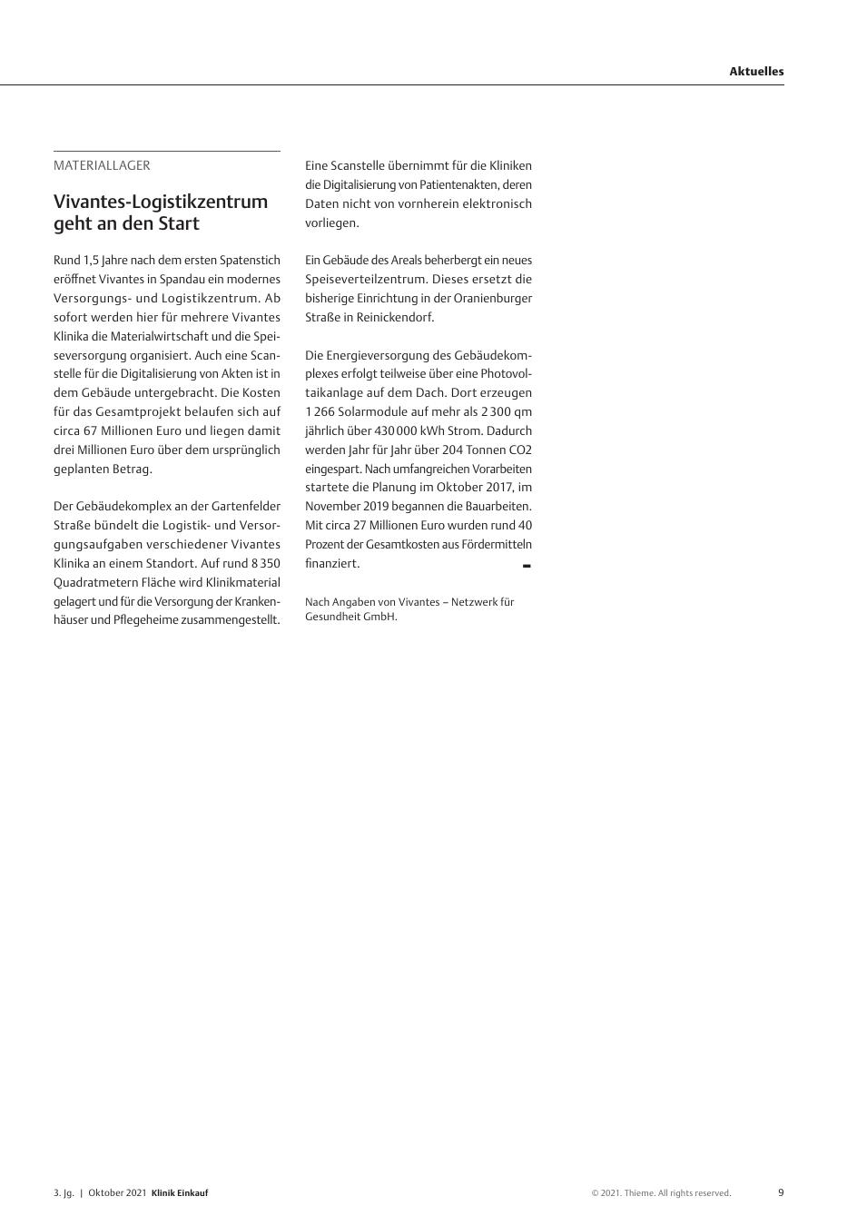 Vorschauseite 1: Materiallager: Vivantes-Logistikzentrum geht an den Start