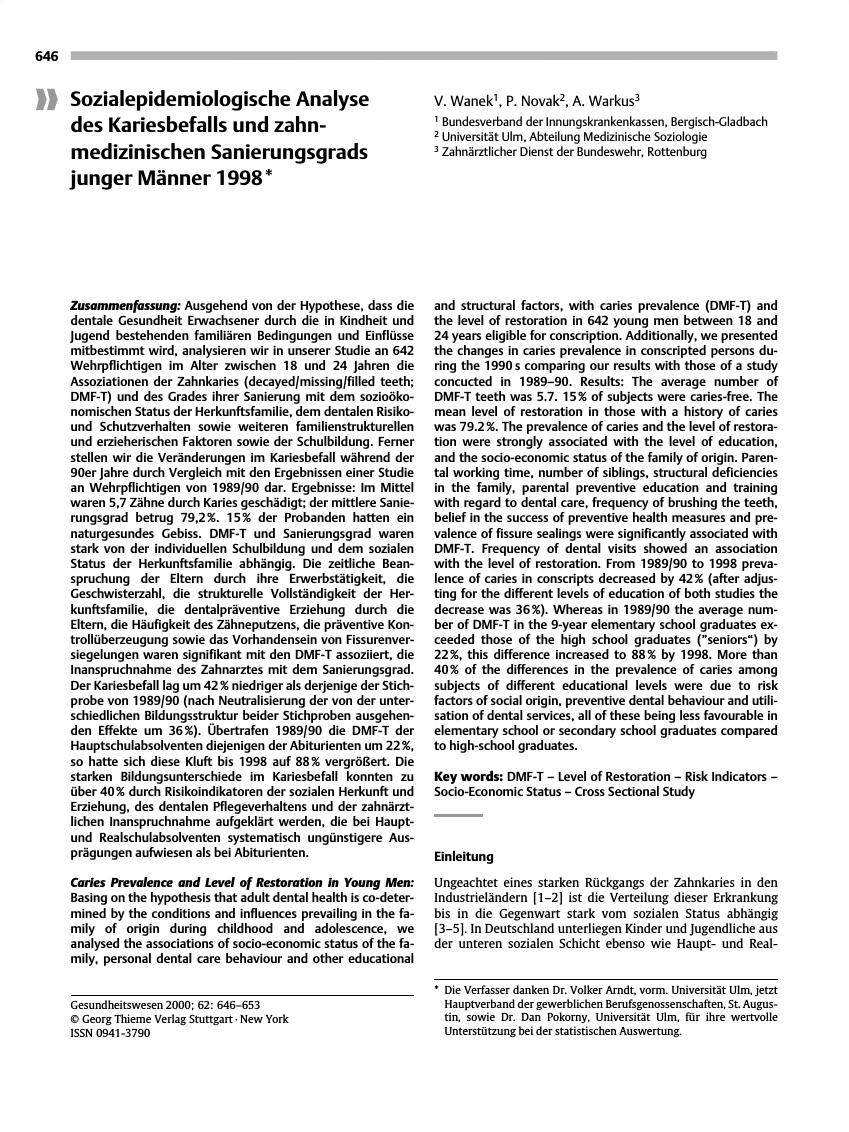 Vorschauseite 1: Sozialepidemiologische Analyse des Kariesbefalls und zahn medizinischen Sanierungsgrads junger Männer 1998*