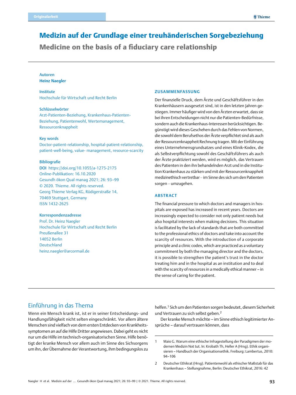 Vorschauseite 1: Medizin auf der Grundlage einer treuhänderischen Sorgebeziehung