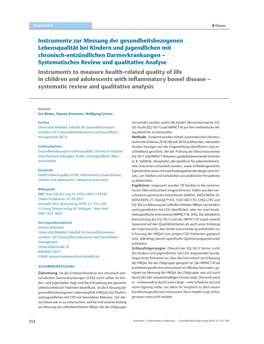 Vorschauseite 1: Instrumente zur Messung der gesundheitsbezogenen Lebensqualität bei Kindern und Jugendlichen mit chronisch-entzündlichen Darmerkrankungen – Systematisches Review und qualitative A…