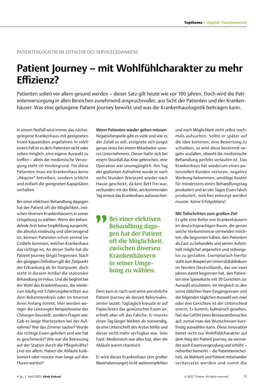 Vorschauseite 1: Patientenlogistik im Zeitalter des Servicegedankens: Patient Journey - mit Wohlfühlcharakter zu mehr Effizienz?