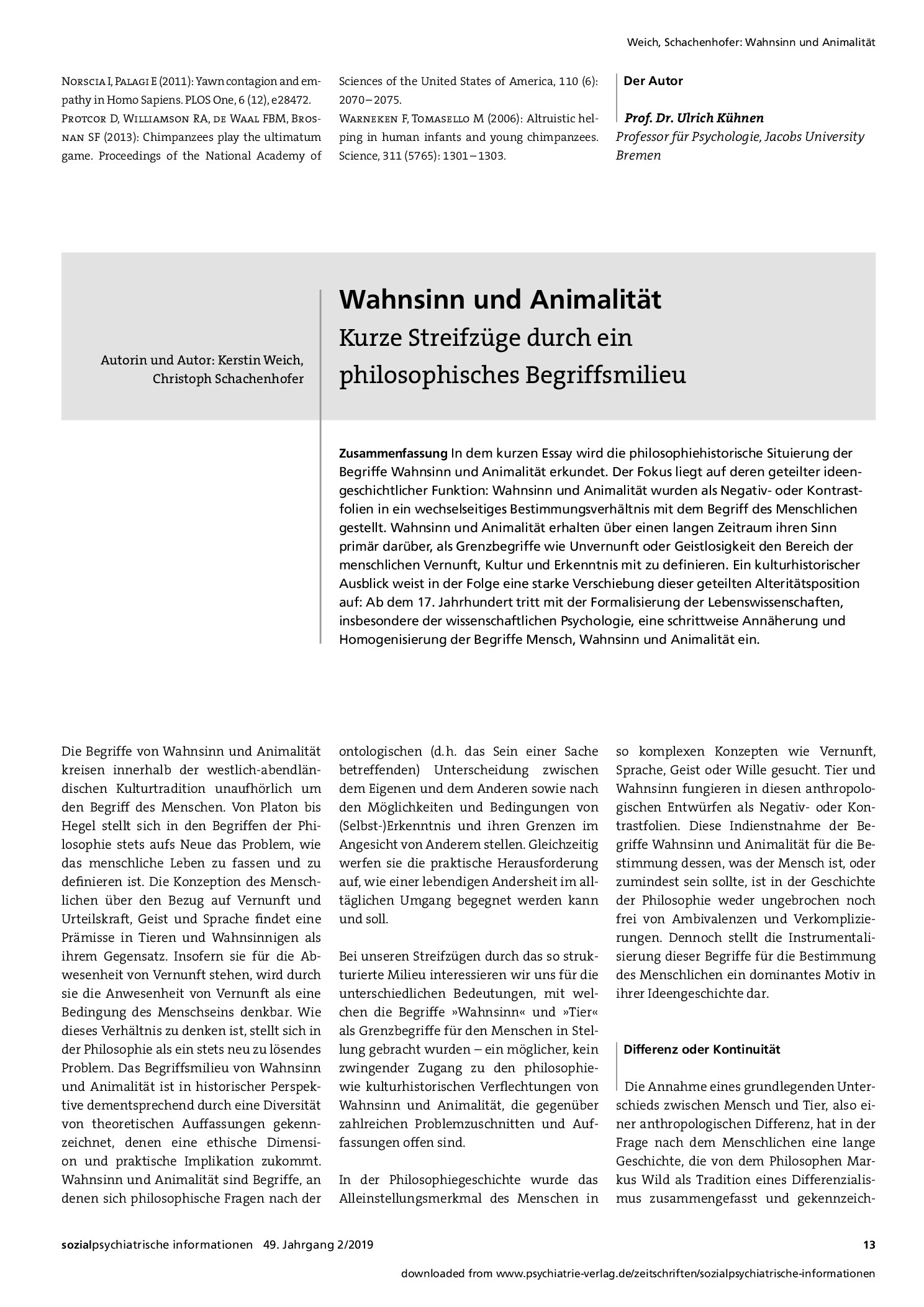 Vorschauseite 1: Wahnsinn und Animalität: Kurze Streifzüge durch ein philosophisches Begriffsmilieu