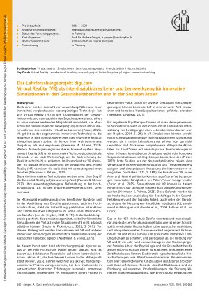 Vorschauseite 1: Das Lehrforschungsprojekt digi. care Virtual Reality (VR) als interdisziplinäres Lehrund Lernwerkzeug für innovative Simulationen in den Gesundheitsberufen und in der Sozialen Arb…