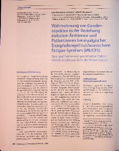 Vorschauseite 1: Wahrnehmung von Genderaspekten in der Beziehung zwischen Ärztinnen und Patientinnen bei myalgischer Enzephalomyelitis/chronischem Fatigue-Syndrom (ME/CFS)