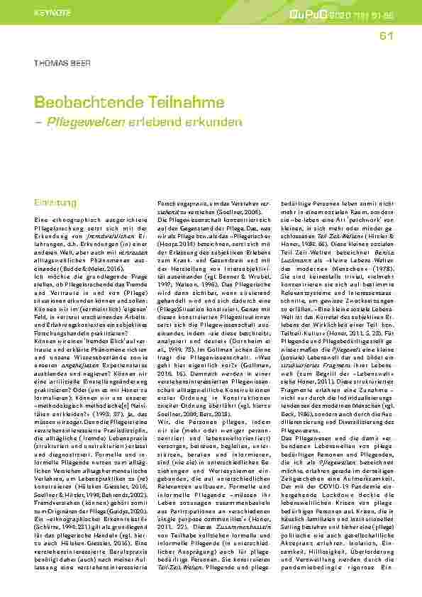 Vorschauseite 1: Beobachtende Teilnahme – Pflegewelten erlebend erkunden