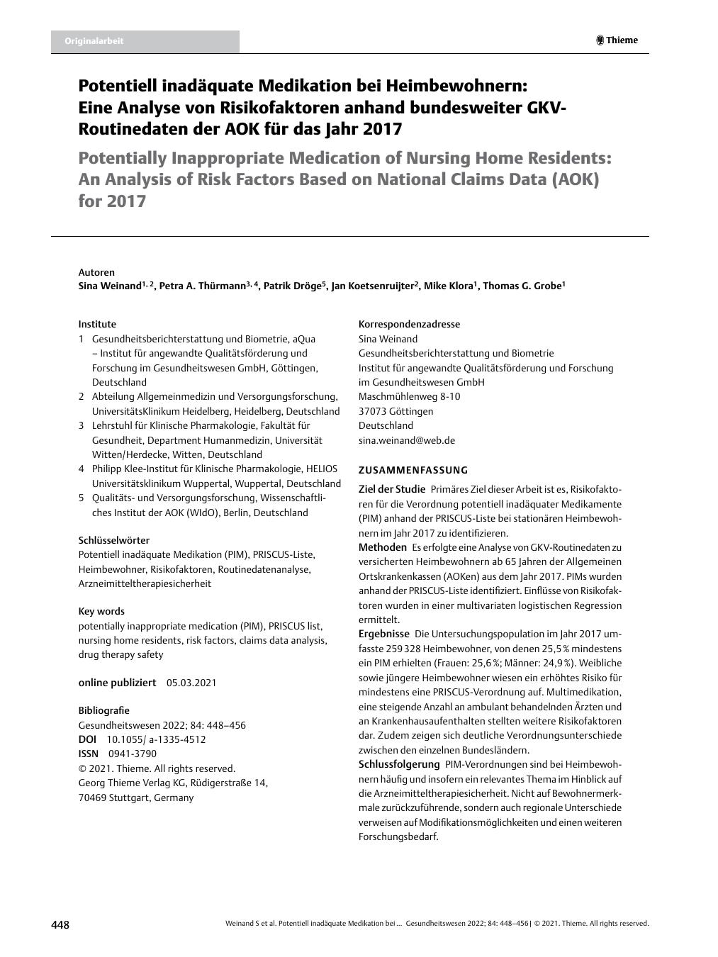 Vorschauseite 1: Potenziell inadäquate Medikation bei Heimbewohnern: Eine Analyse von Risikofaktoren anhand bundesweiter GKV-Routinedaten der AOK für das Jahr 2017