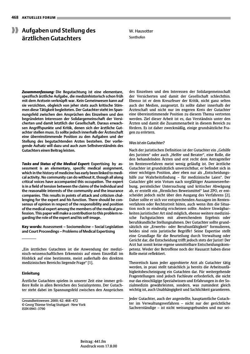 Vorschauseite 1: Aufgaben und Stellung des ärztlichen Gutachters