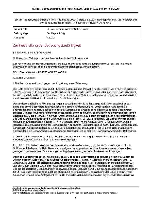 Vorschauseite 1: Zur Feststellung der Betreuungsbedürftigkeit gemäß § 1896 Abs. 1 BGB; § 26 FamFG
