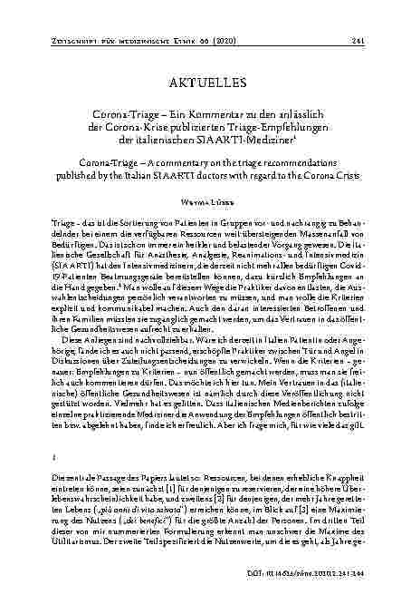 Vorschauseite 1: Corona-Triage – Ein Kommentar zu den anlässlich der Corona-Krise publizierten Triage-Empfehlungen der italienischen SIAARTI-Mediziner