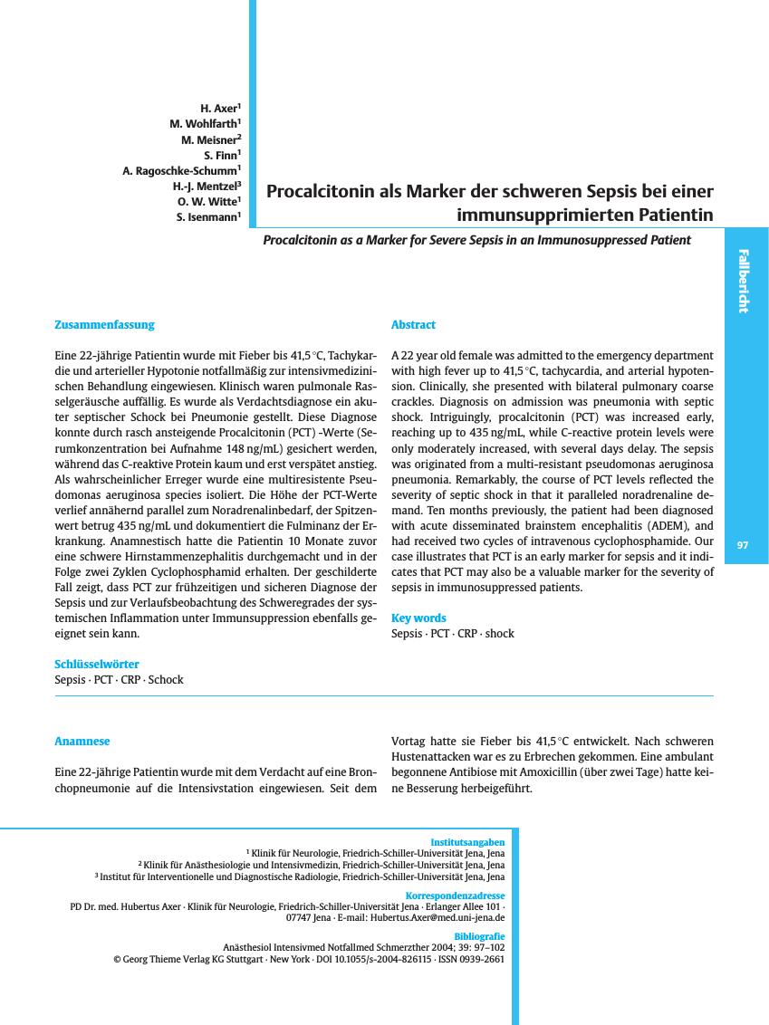 Vorschauseite 1: Procalcitonin als Marker der schweren Sepsis bei einer immunsupprimierten Patientin