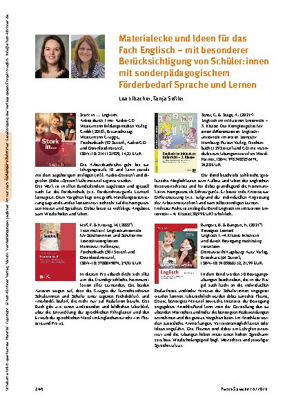 Vorschauseite 1: Materialecke und Ideen für das Fach Englisch – mit besonderer Berücksichtigung von Schüler: innen mit sonderpädagogischem Förderbedarf Sprache und Lernen