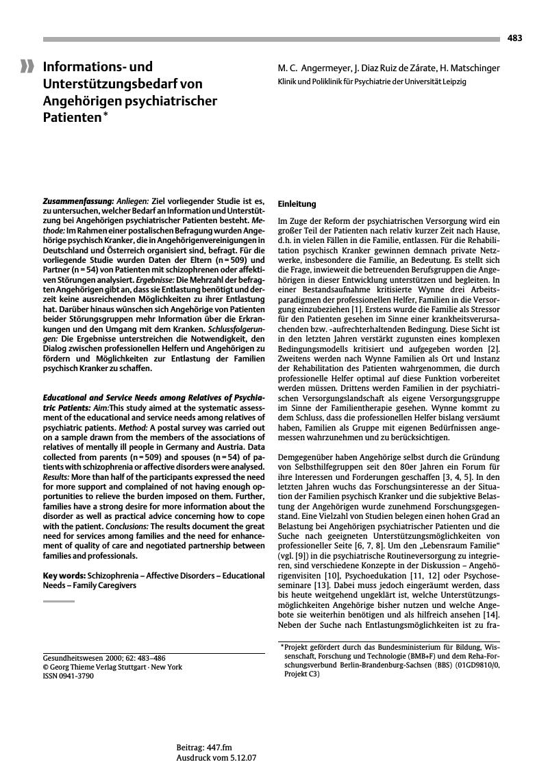 Vorschauseite 1: Informationsund Unterstützungsbedarf von Angehörigen psychiatrischer Patienten*