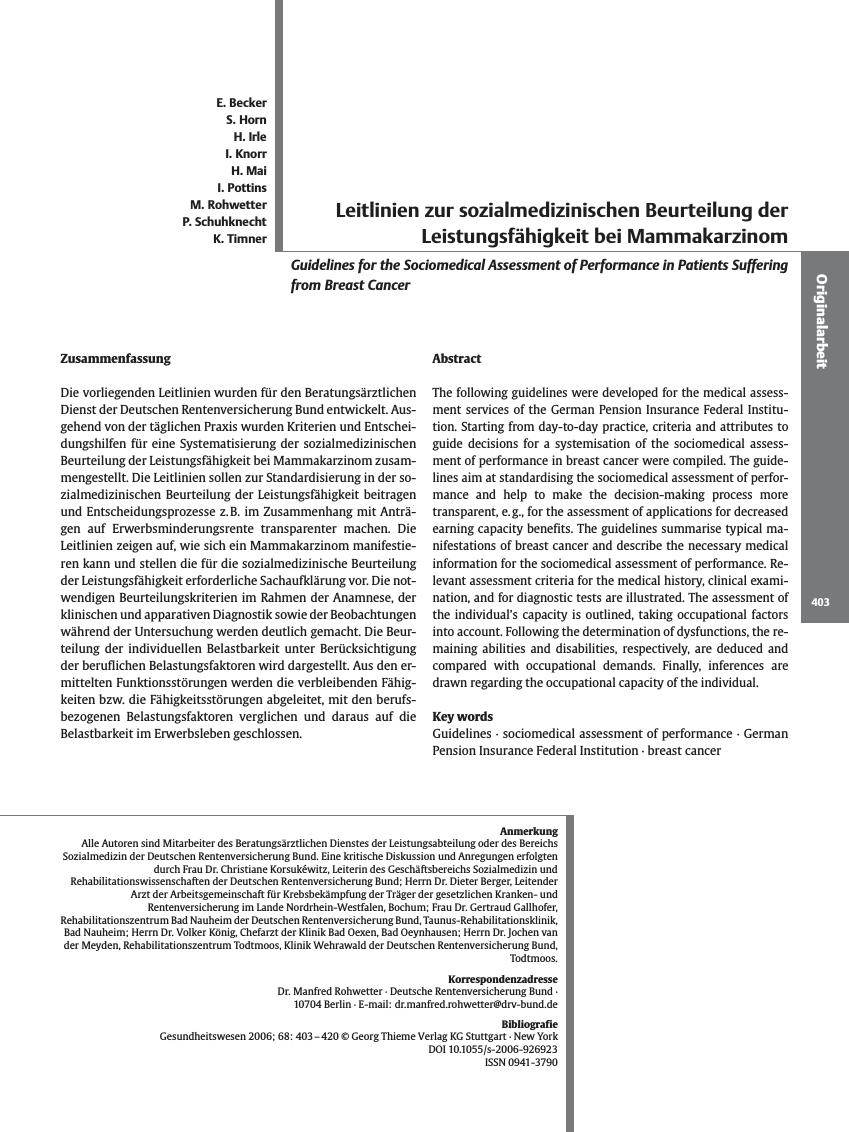 Vorschauseite 1: Leitlinien zur sozialmedizinischen Beurteilung der Leistungsfähigkeit bei Mammakarzinom