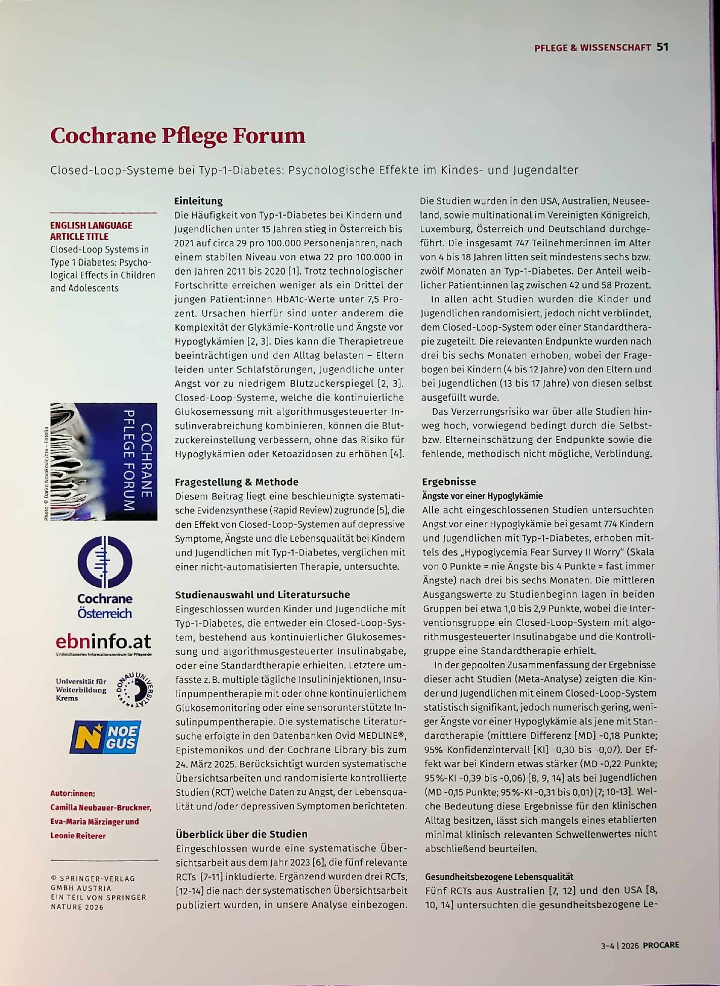 Vorschauseite 1: Closed-Loop-Systeme bei Typ-1-Diabetes: Psychologische Effekte im Kindes- und Jugendalter