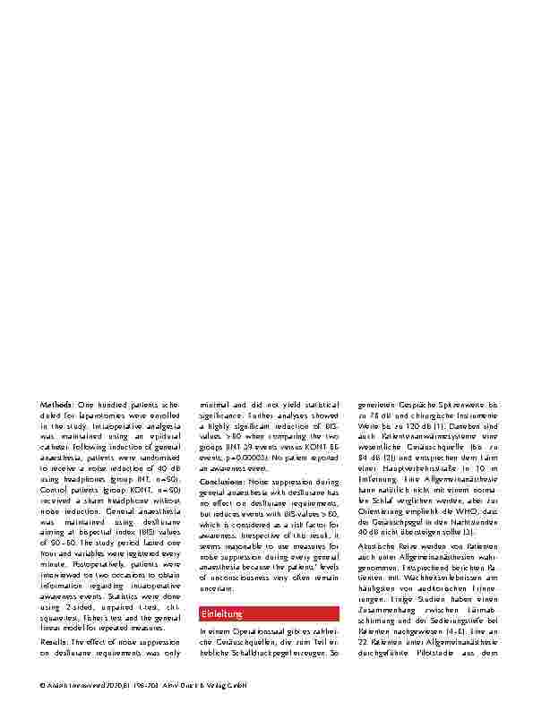 Vorschauseite 2: Lärmabschirmung senkt nicht den Desfluranbedarf während Allgemeinanästhesien, führt aber zu einer Verminderung von BIS-Werten > 60.